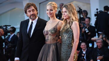 Spanish actor Javier Bardem, US actress Jennifer Lawrence (C) and US actress Michelle Pfeiffer attend the premiere of the movie "Mother!" at 74th Venice Film Festival on September 5, 2017. (AFP)