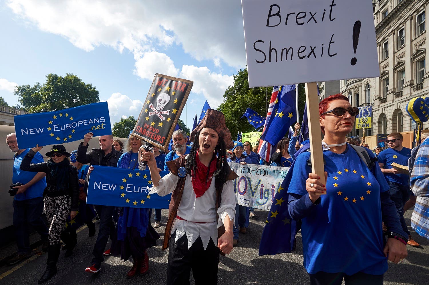 Pro-EU demonstrators march through central London during the People’s March for Europe against Brexit on September 9, 2017. (AFP)