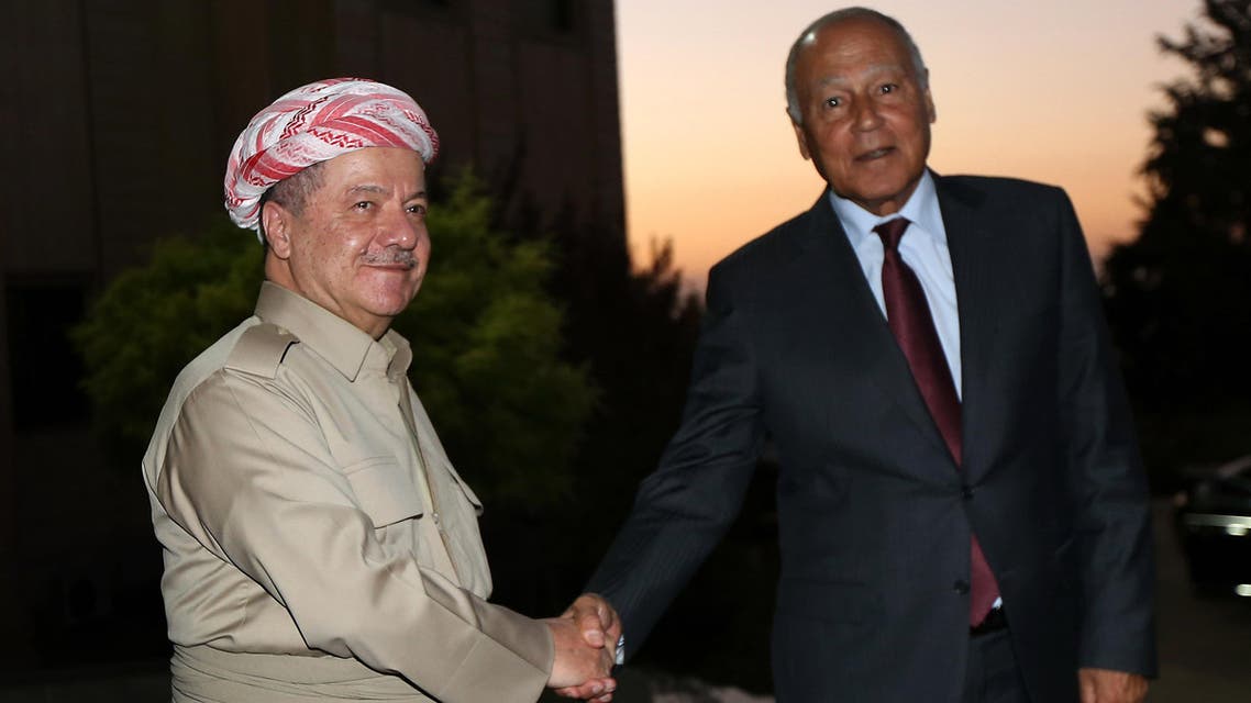 Iraq's Kurdistan region president Massud Barzani (L) receives Secretary-General of the Arab League Ahmed Abul Gheit on September 9, 2017 in Arbil, the capital of the Kurdish autonomous region in northern Iraq. SAFIN HAMED / AFP