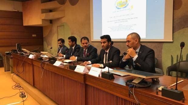 One of the members of the al-Ghufran branch of Al-Marri tribe speaks during a panel urging UN attention to his family’s case in Geneva. (Supplied)