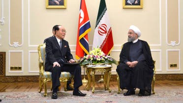 Kim Yong Nam, president of the DPRK Presidium of the Supreme People’s Assembly with Hassan Rouhani in Teheran in this undated photo released by KCNA in Pyongyang on August 7, 2017. (Reuters)