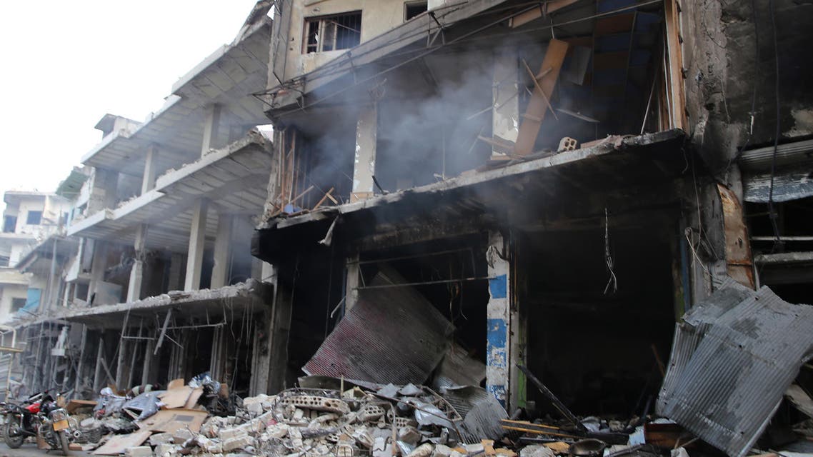 Destruction is seen following a reported Russian air strike in the district of Jisr al-Shughur, in the Idlib province, on September 25, 2017. Russian air strikes on northwest Syria's mainly jihadist-controlled province of Idlib killed at least 37 civilians including 12 children, a Britain-based monitor said. Mohamed al-Bakour / AFP