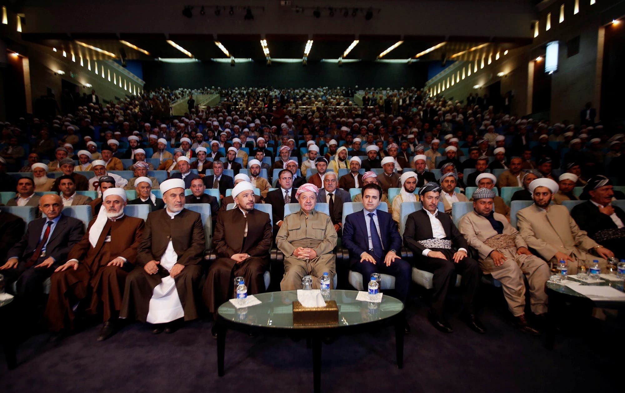 Iraq’s Kurdistan region’s President Massoud Barzani (C) with clerics and elders from the cities of the Kurdistan region in Erbil, Iraq, August 9, 2017. (Reuters)