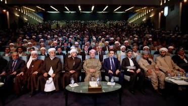 Iraq’s Kurdistan region’s President Massoud Barzani (C) with clerics and elders from the cities of the Kurdistan region in Erbil, Iraq, August 9, 2017. (Reuters)