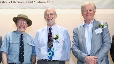 US geneticists (L-R) Jeffrey C. Hall, Michael Rosbash, and Michael W. Young during a lecture at Shaw College of the CUHK in Hong Kong. US geneticists Jeffrey C. Hall, Michael Rosbash and Michael W. Young were awarded the Nobel Medicine Prize on October 2, 2017 for shedding light on the internal biological clock that governs the wake-sleep cycles of most living things. (AFP)