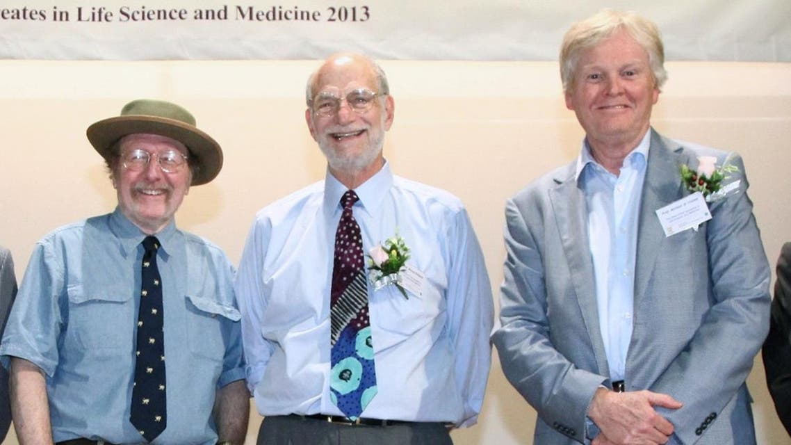 US geneticists (L-R) Jeffrey C. Hall, Michael Rosbash, and Michael W. Young during a lecture at Shaw College of the CUHK in Hong Kong. US geneticists Jeffrey C. Hall, Michael Rosbash and Michael W. Young were awarded the Nobel Medicine Prize on October 2, 2017 for shedding light on the internal biological clock that governs the wake-sleep cycles of most living things. (AFP)