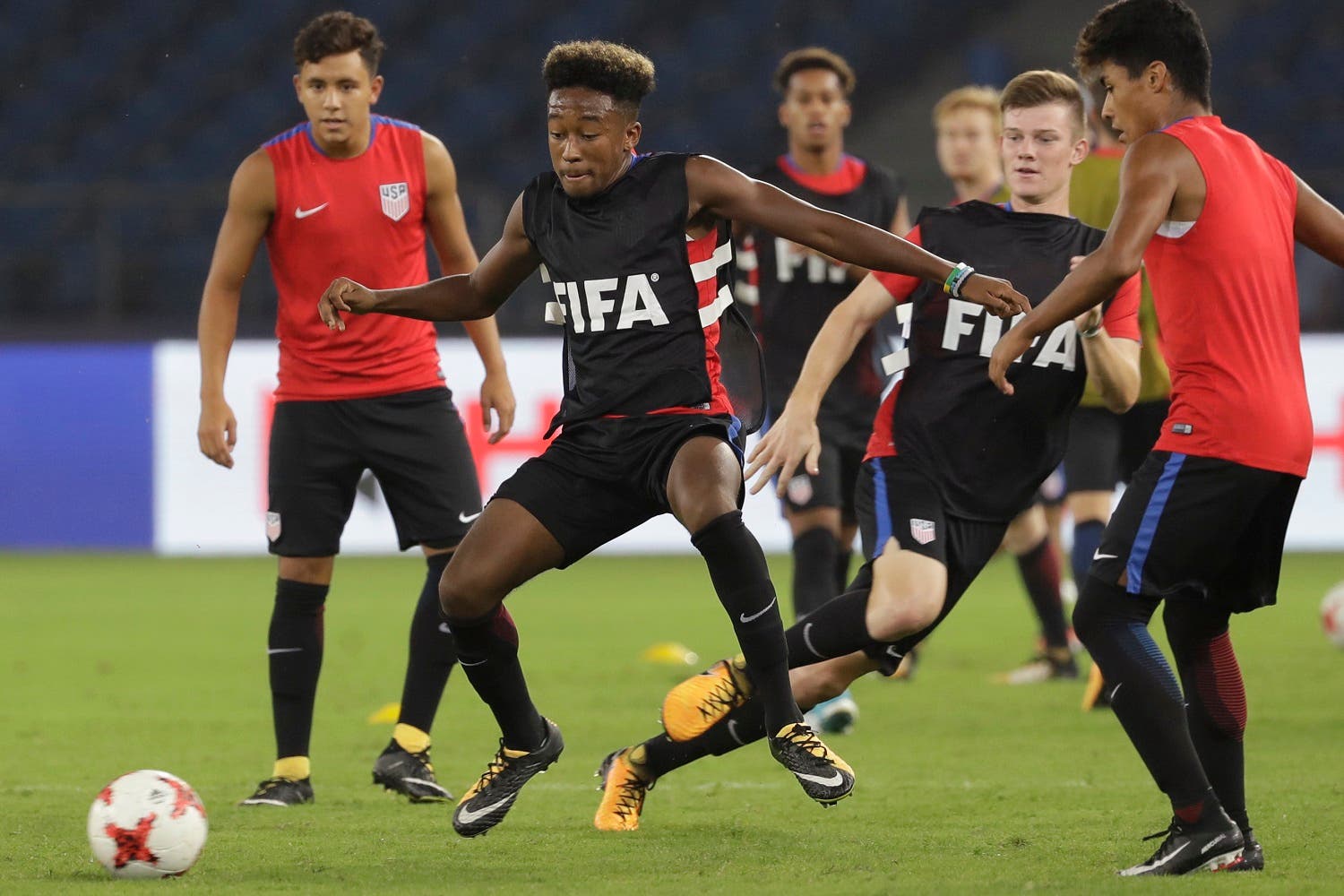 US soccer players train ahead of their FIFA U-17 World Cup match against India in New Delhi, on Thursday, Oct. 5, 2017. (AP)