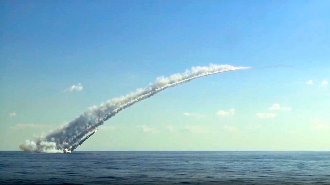 This Oct. 5, 2017 frame grab by Russian Defense Ministry shows a long-range Kalibr cruise missile launched by Russian submarine in the Mediterranean. (AP)