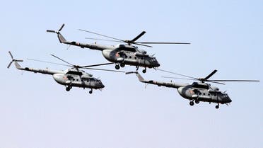 Indian Air Force’s Mi- 17 V5 helicopters fly-past during a presentation in Jamnagar, on March 4, 2016. (AP)