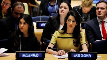 International human rights lawyer Amal Clooney (C) with Nadia Murad at UN headquarters in New York, on March 9, 2017. (Reuters)
