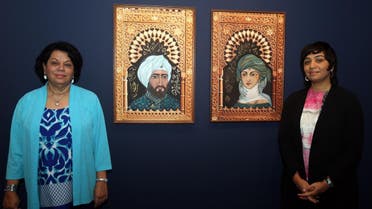 Acclaimed artist Thuraya Al-Baqsami (leftt) and her daughter, Monira Al-Qadiri, at the opening of the exhibition  in Sharjah Art Museum. (Supplied)