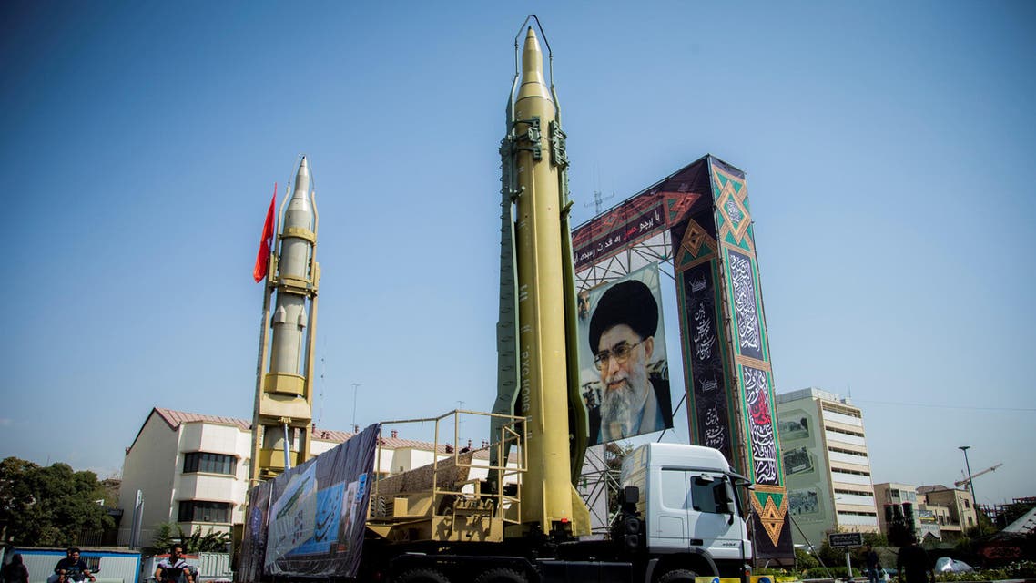 A display featuring missiles and a portrait of Iran's Supreme Leader Ayatollah Ali Khamenei is seen at Baharestan Square in Tehran, Iran September 27, 2017. (Reuters)