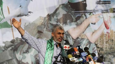 Senior Hamas leader Yahya Sanwar talks during a rally in Khan Younis, southern Gaza Strip, Friday, October 21, 2011(AP Photo/Hatem Moussa) 