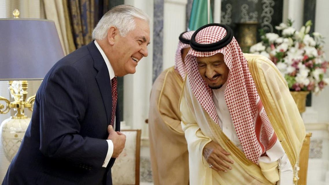 US Secretary of State Rex Tillerson (L) is received by Saudi King Salman bin Abdulaziz al-Saud (R) prior to their meeting in the capital Riyadh on October 22, 2017. (AFP)