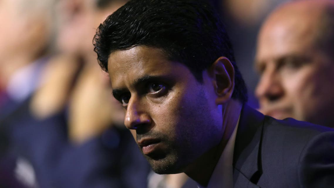(FILES) This file photo taken on August 24, 2017 shows Paris Saint Germain's (PSG) Qatari president Nasser Al-Khelaifi looking on during the UEFA Champions League football group stage draw ceremony in Monaco. Paris Saint-Germain president and beIN Media chief Nasser al-Khelaifi will be questioned by Swiss prosecutors on October 25 in a World Cup media rights probe, his lawyer told AFP on October 18, 2017. (AFP)