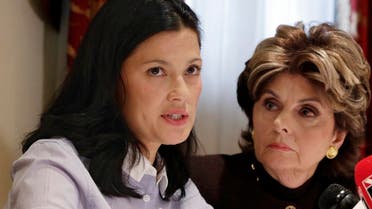 Actress Natassia Malthe, left, accompanied by attorney Gloria Allred, reads a statement during a news conference in New York, Wednesday, Oct. 25, 2017, where she alleged sexual assault by Harvey Weinstein in 2010. (AP)