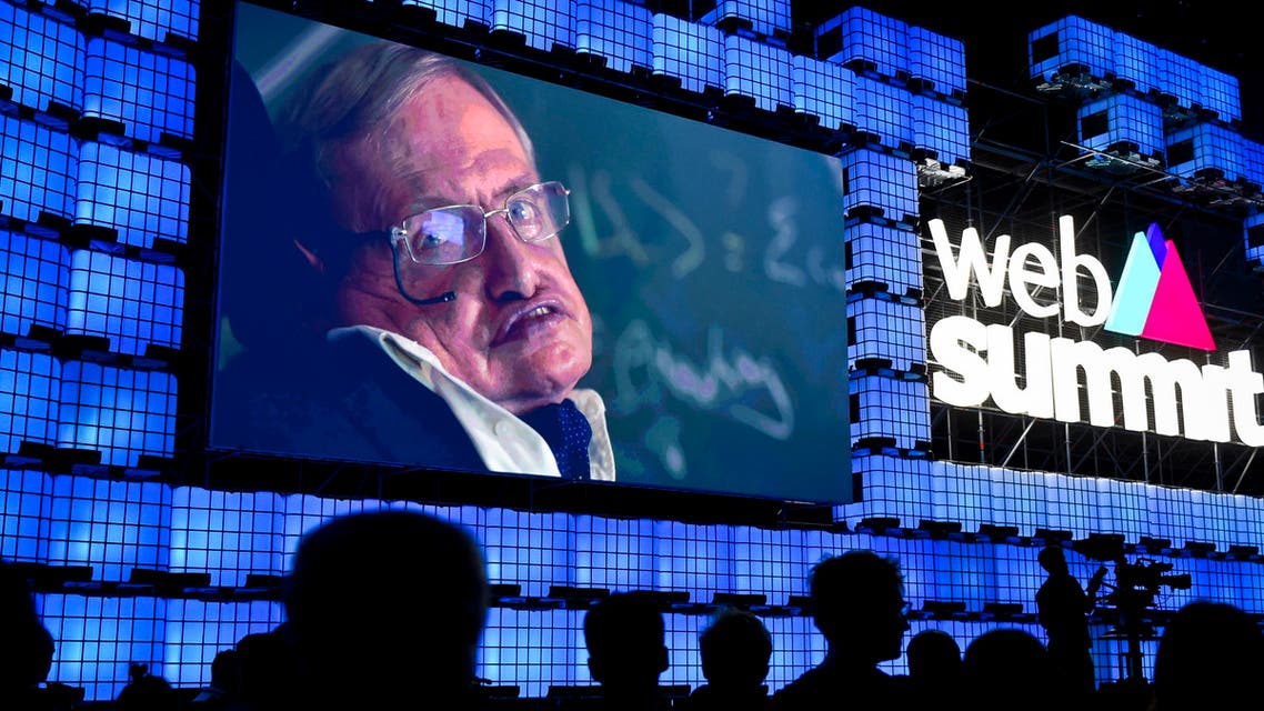 British cosmologist Stephen Hawking delivers a video message during the opening ceremony of the 2017 Web Summit in Lisbon on November 6, 2017. AFP
