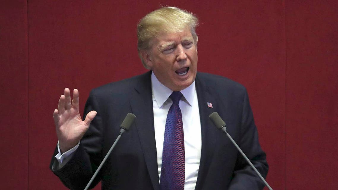 U.S. President Donald Trump delivers a speech at the National Assembly in Seoul, South Korea, Wednesday, Nov. 8, 2017. President Trump will warn North Korea not to "try us" in a speech delivered hours after his surprise visit to the heavily fortified Korean demilitarized zone was thwarted by bad weather Wednesday. (AP Photo/Lee Jin-man, Pool)