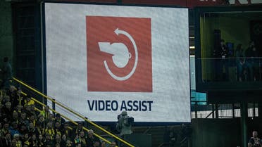 (FILES) This file photo taken on September 17, 2017 shows the logo of the video assistant referee (VAR) on a screen during the German first division Bundesliga football match Borussia Dortmund v FC Cologne in Dortmund, western Germany, on September 17, 2017. Bundesliga fans are demanding the end of video assistant referee (VAR) testing in Germany as the system's German league boss was accused of influencing matches at the weekend of November 5, 2017. (AFP)