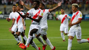 Peru’s Christian Ramos (15) celebrates near teammates after scoring. (Reuters)