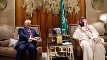 Secretary of State Rex Tillerson and Saudi Crown Prince Mohammed bin Salman smile before their meeting at Al-Awja Farm, Sunday, Oct. 22, 2017, in Riyadh, Saudi Arabia. (AP Photo/Alex Brandon, Pool)