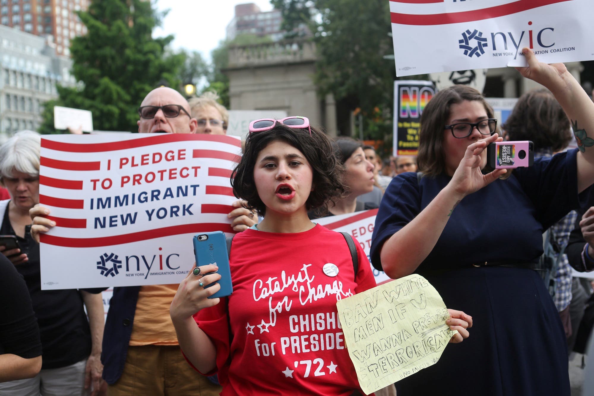 Protesters chant slogans against Trump’s limited travel ban, approved by the US Supreme Court, in New York City, on June 29, 2017. (Reuters)