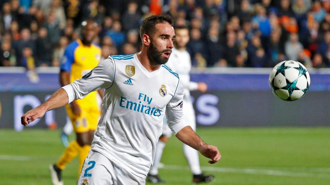 Real Madrid's Spanish defender Dani Carvajal advances with the ball during the UEFA Champions League Group H match between Apoel FC and Real Madrid on November 21, 2017, in the Cypriot capital Nicosia's GSP Stadium. (AFP)