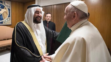 Pope Francis shakes hands with Abdullah bin Fahd al-Luhaidan during a private audience at the Vatican, November 22, 2017. (Reuters)