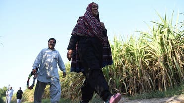 This photograph taken on September 27, 2017, shows Pakistani woman Mukhtiar Naz (R), known as Waderi Nazo Dharejo, walking her guard at her agriculture field in Qazi Ahmed in Sindh province. (AFP)