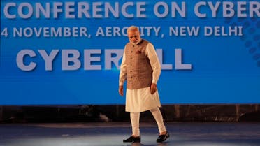 Indian Prime Minister Narendra Modi arrives to inaugurate Global Conference on Cyber Space (GCCS) in New Delhi on Nov. 23, 2017 (AP)