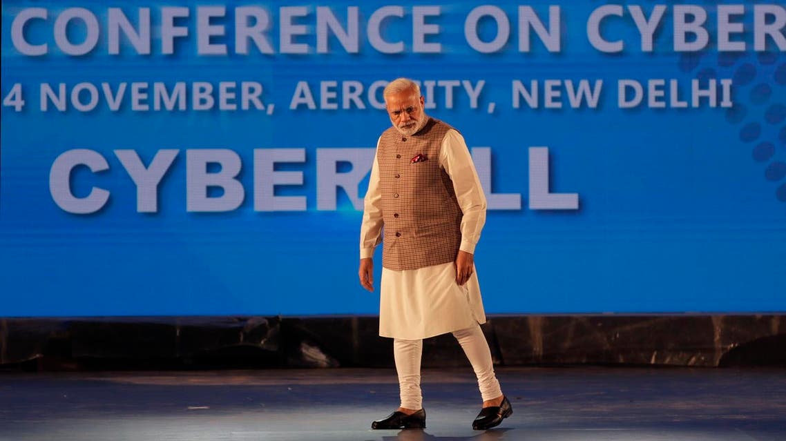Indian Prime Minister Narendra Modi arrives to inaugurate Global Conference on Cyber Space (GCCS) in New Delhi on Nov. 23, 2017 (AP)