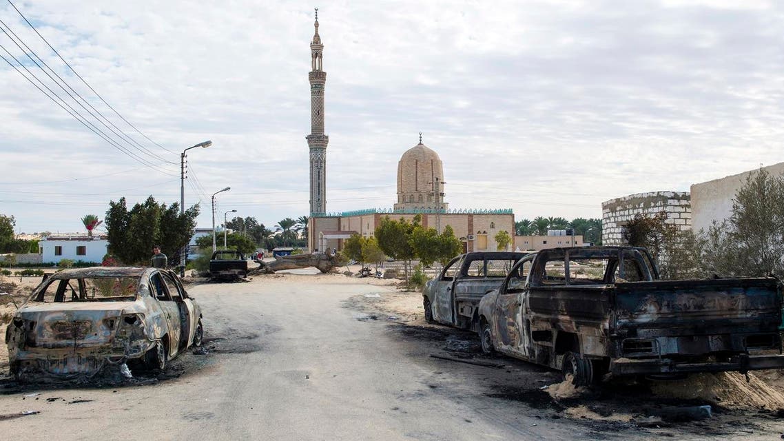 A picture taken on November 25, 2017, shows the Rawda mosque, roughly 40 kilometers west of the North Sinai capital of El-Arish, after a gun and bombing attack. (AFP)