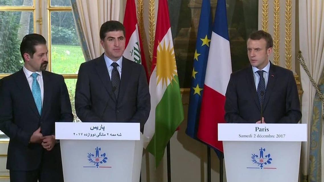 نيجرفان برازاني والرئيس ماكرون وكوباد طالبانب في المؤتمر الصحفي