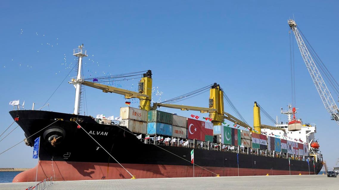 A cargo ship is docked during the inauguration ceremony of the newly built extension in the port of Chabahar on the Gulf of Oman, southeastern Iran, near the Pakistani border, on Dec. 3, 2017. (AP)