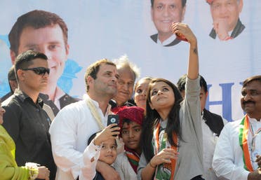 Rahul Gandhi takes a selfie photograph photo with supporters at a rally in Dahegam, some 40km from Ahmedabad, on November 25, 2017. (AFP)