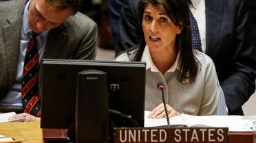 United States ambassador to the UN Nikki Haley addresses the UN Security Council meeting on the situation in the Middle East, including the Palestine, at the United Nations Headquarters in New York, on  December 8, 2017. (Reuters)                  