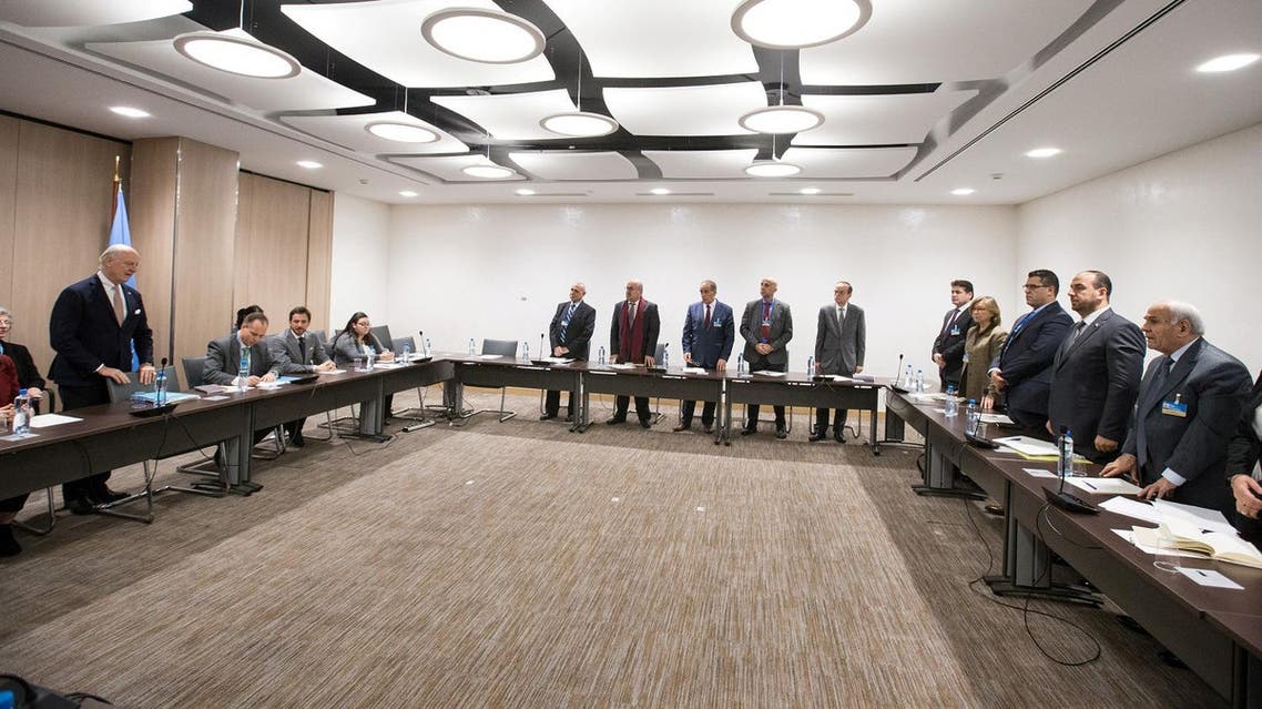 UN Special Envoy for Syria Staffan de Mistura (1st L) speaks at a meeting with the Syrian Negotiation Commission (SNC) delegation, during the UN-led Intra-Syrian talks in Geneva, Switzerland, November 30, 2017. (Reuters)