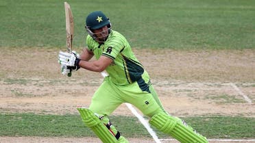 Pakistan's Nasir Jamshed plays a shot during the Pool B Cricket World Cup match between United Arab Emirates and Pakistan at McLean Park in Napier on March 4, 2015. (AFP)