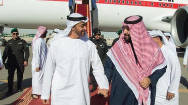 Mohammed bin Salman received Sheikh Mohammed bin Zayed at the Prince Salman airbase on Wednesday. (SPA)