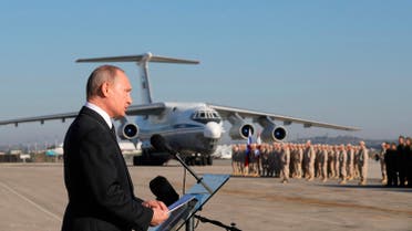 Putin addresses the troops at the Hemeimeem air base in Syria, on Monday, Dec. 11, 2017. (AP)
