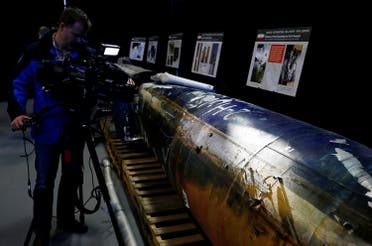A missile that the US Department of Defense says is a “Qiam” ballistic missile manufactured in Iran and that the Pentagon says was fired by Houthi rebels from Yemen into Saudi Arabia on July 22, 2017 is seen on display at a US military base in Washington, on December 13, 2017. (Reuters)