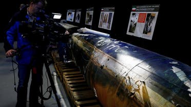 A missile that the US Department of Defense says is a “Qiam” ballistic missile manufactured in Iran and that the Pentagon says was fired by Houthi rebels from Yemen into Saudi Arabia on July 22, 2017 is seen on display at a US military base in Washington, on December 13, 2017. (Reuters)