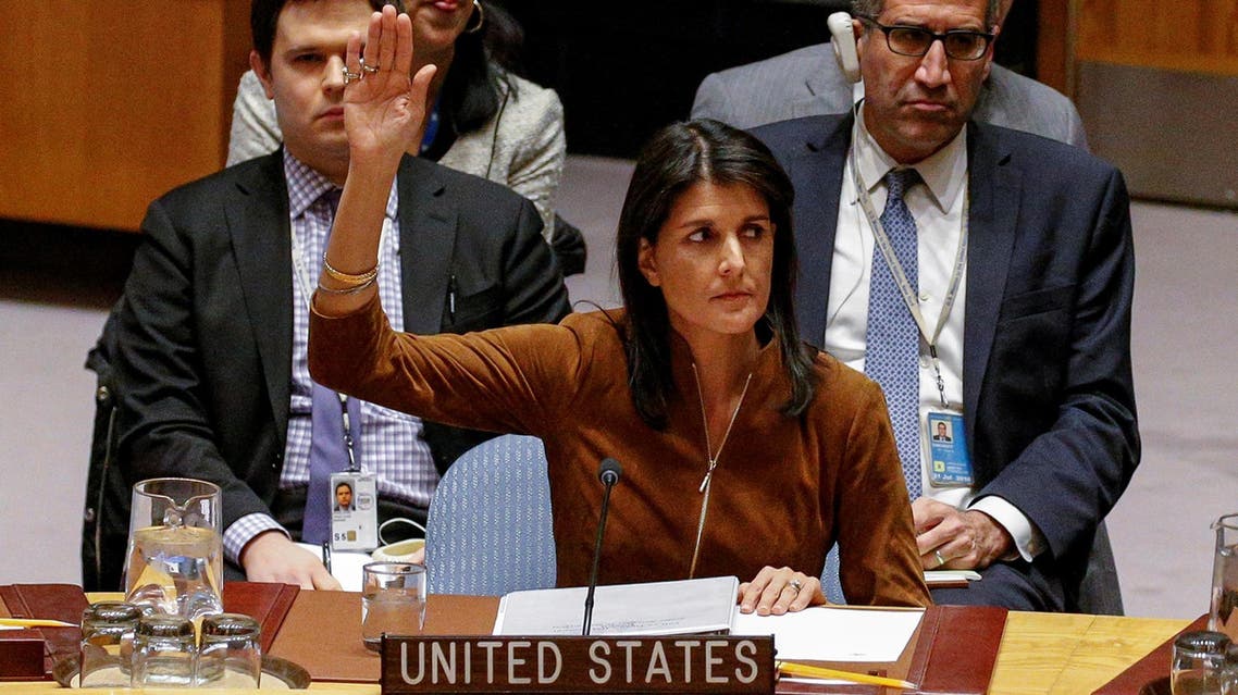 Nikki Haley votes for a bid to renew an international inquiry into chemical weapons attacks in Syria in New York on November 17, 2017. (Reuters)