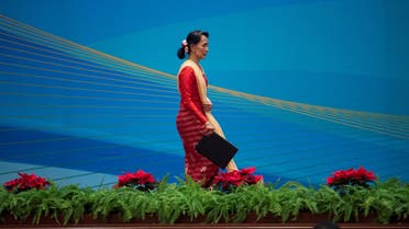 Aung San Suu Kyi arrives to give a speech at the Great Hall of the People, China, on December 1, 2017. (Reuters)