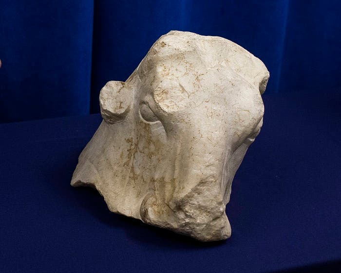 The ancient sculpture 'Bull's Head' is displayed during a press conference and repatriation ceremony at Manhattan District Attorney's Office in New York, Friday, Dec. 15, 2017. (AP)P