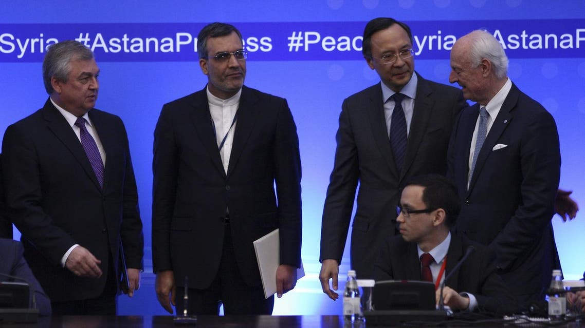 Russian lead negotiator on Syria Alexander Lavrentyev, Iranian Deputy Foreign Minister Hossein Jaberi Ansari, Kazakh Foreign Minister Kairat Abdrakhmanov and U.N. Special Envoy for Syria Staffan de Mistura attend the fourth round of Syria peace talks in Astana, Kazakhstan, May 4, 2017. (Reuters)