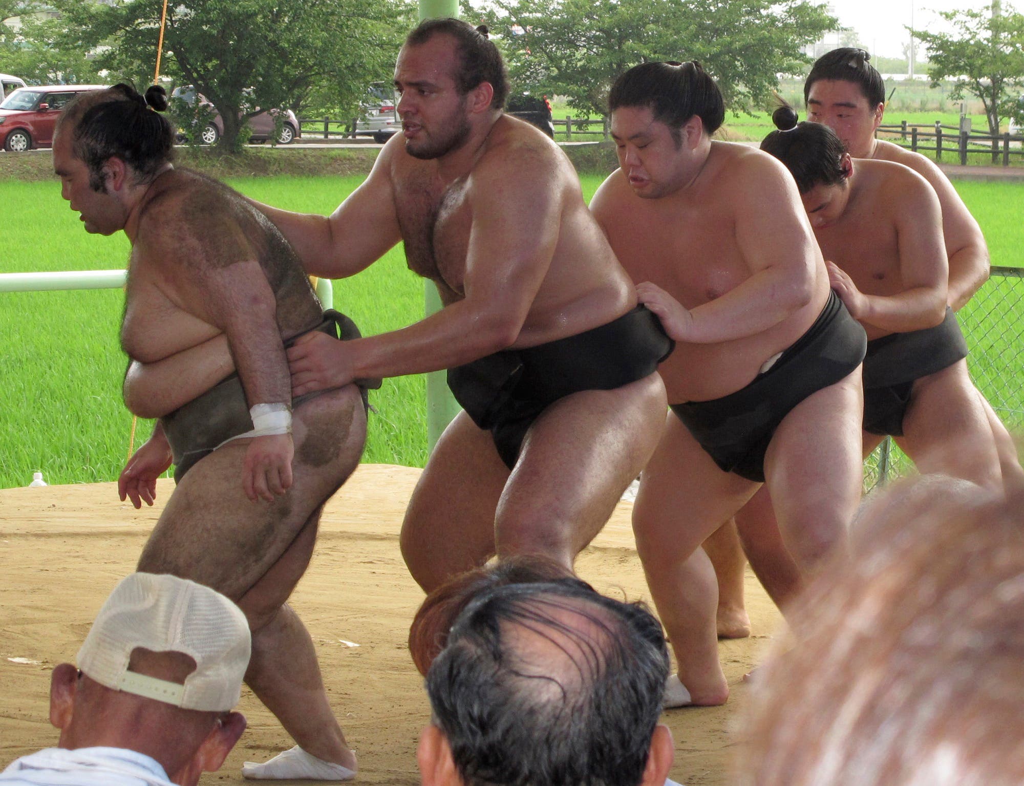 Osunaarashi, second from left, trains with his stablemates in Inazawa, near Nagoya, central Japan. (AP)