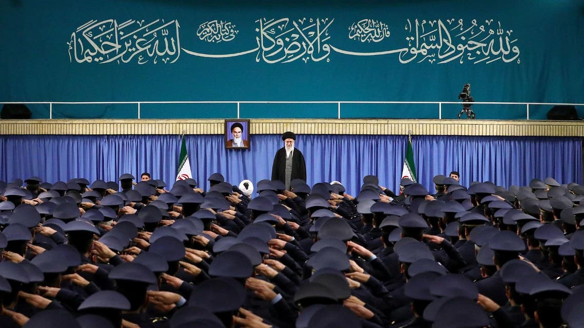 Supreme Leader Ayatollah Ali Khamenei stands as air force commanders salute during their meeting in Tehran on Feb. 7, 2017. (AP)