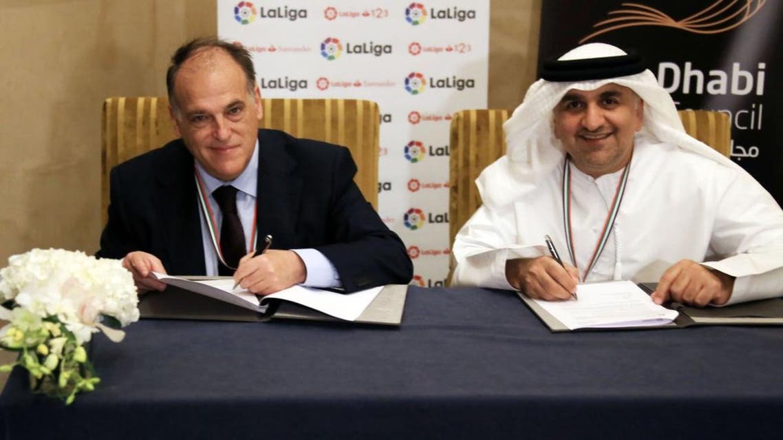 HE Aref Hamad Al Awani, ADSC General Secretary, and Javier Tebas Medrano, president of La Liga renew partnership agreement. (ADSC)