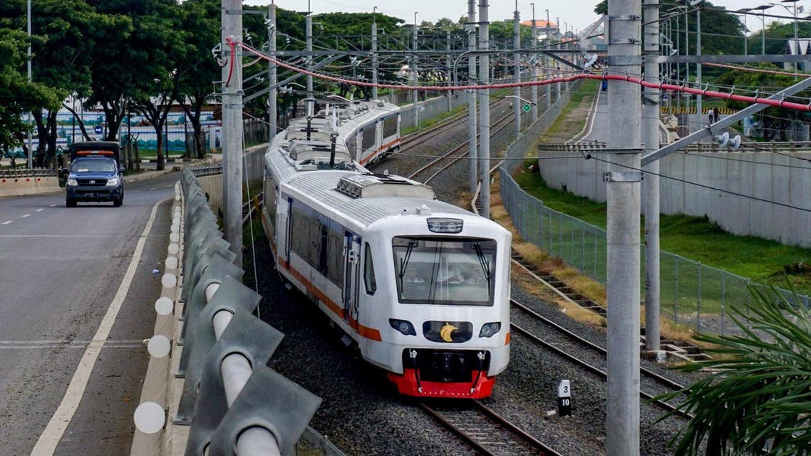 A train is seen along the newly built airport train line linking Soekarno-Hatta International Airport in Tangerang, on the outskirts of Jakarta, to the city centre on January 2, 2018. (AFP)